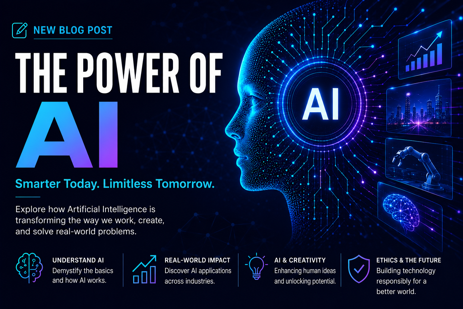 Artificial Intelligence (AI) concept showing a humanoid robot with digital brain, machine learning algorithms, neural networks, data analytics, automation, and futuristic technology interface.