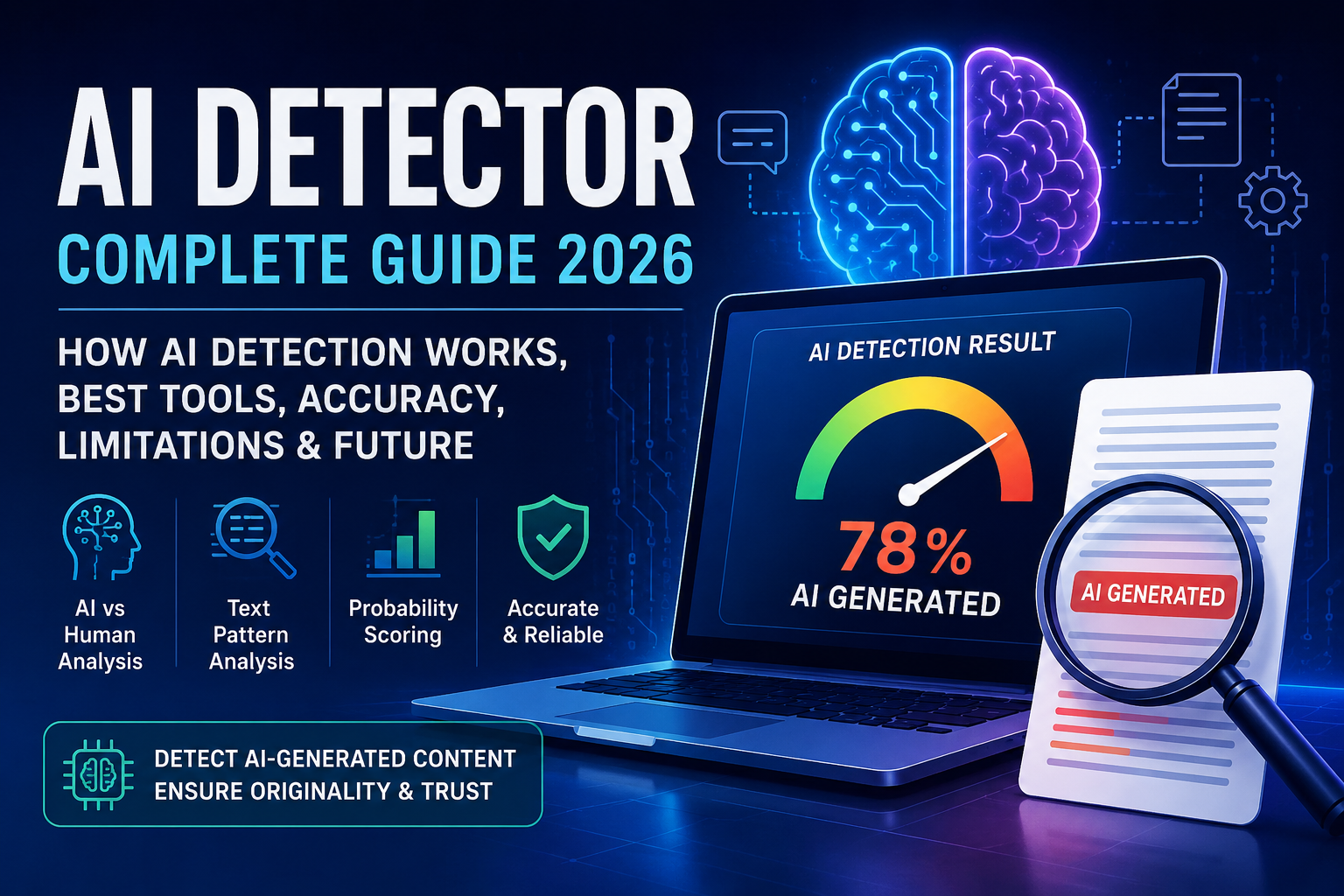 Diagram illustrating how an AI detector analyzes text using NLP and machine learning to estimate whether content is AI-generated.