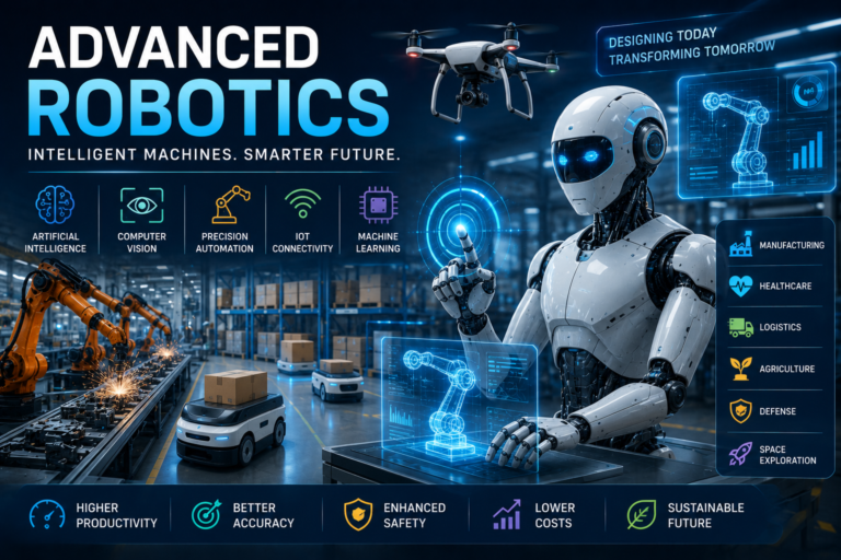 Advanced Robotics featuring AI-powered humanoid robots, industrial robotic arms, autonomous machines, smart factory automation, and future robotics technology working together in a modern high-tech environment.