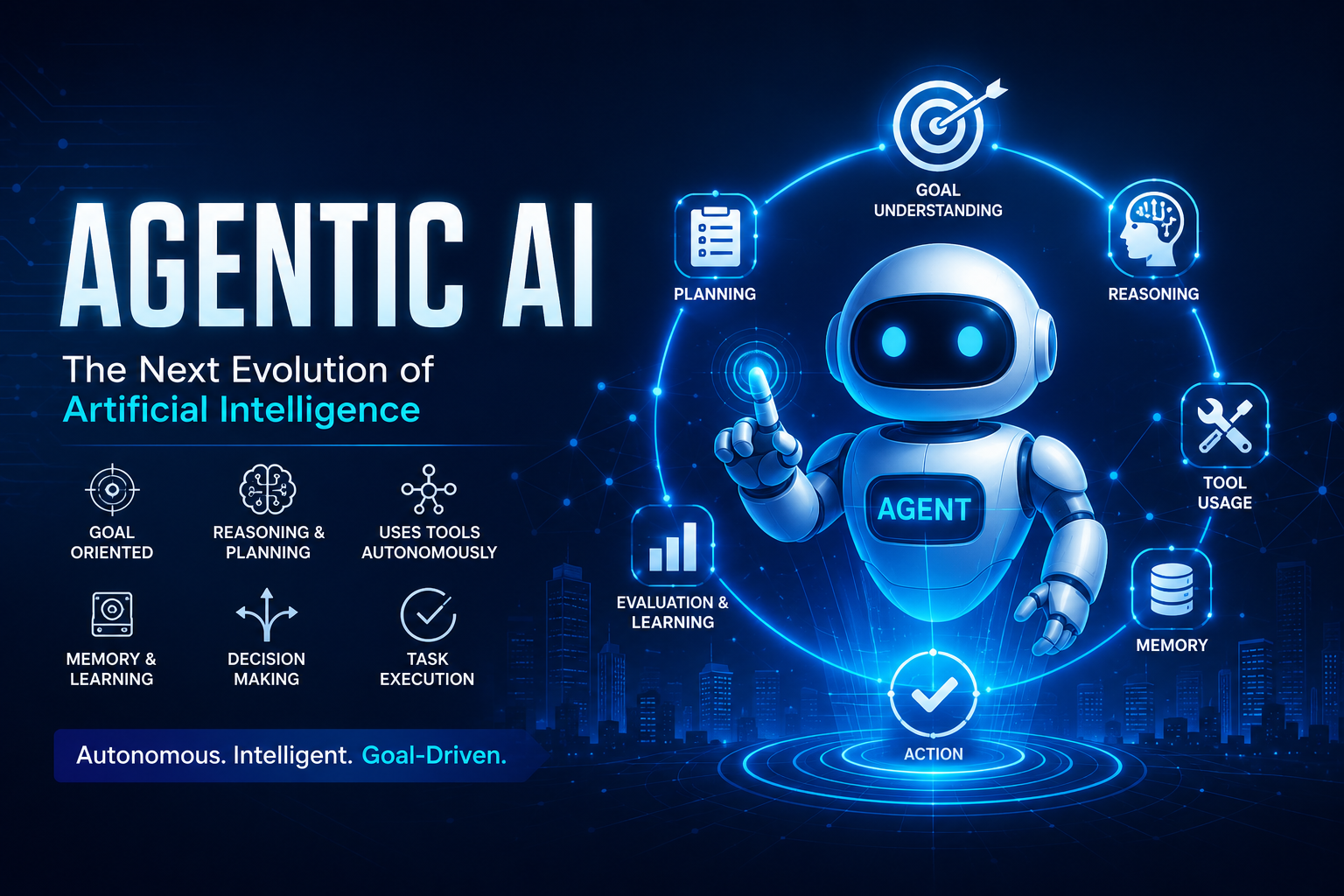 Agentic AI feature image showing autonomous AI agents collaborating with humans, intelligent automation, machine learning, workflow orchestration, and next-generation artificial intelligence technology.