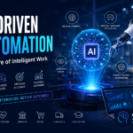 Futuristic AI-driven automation illustration with robotic arm, AI processor, machine learning, NLP, computer vision, and intelligent industrial automation.