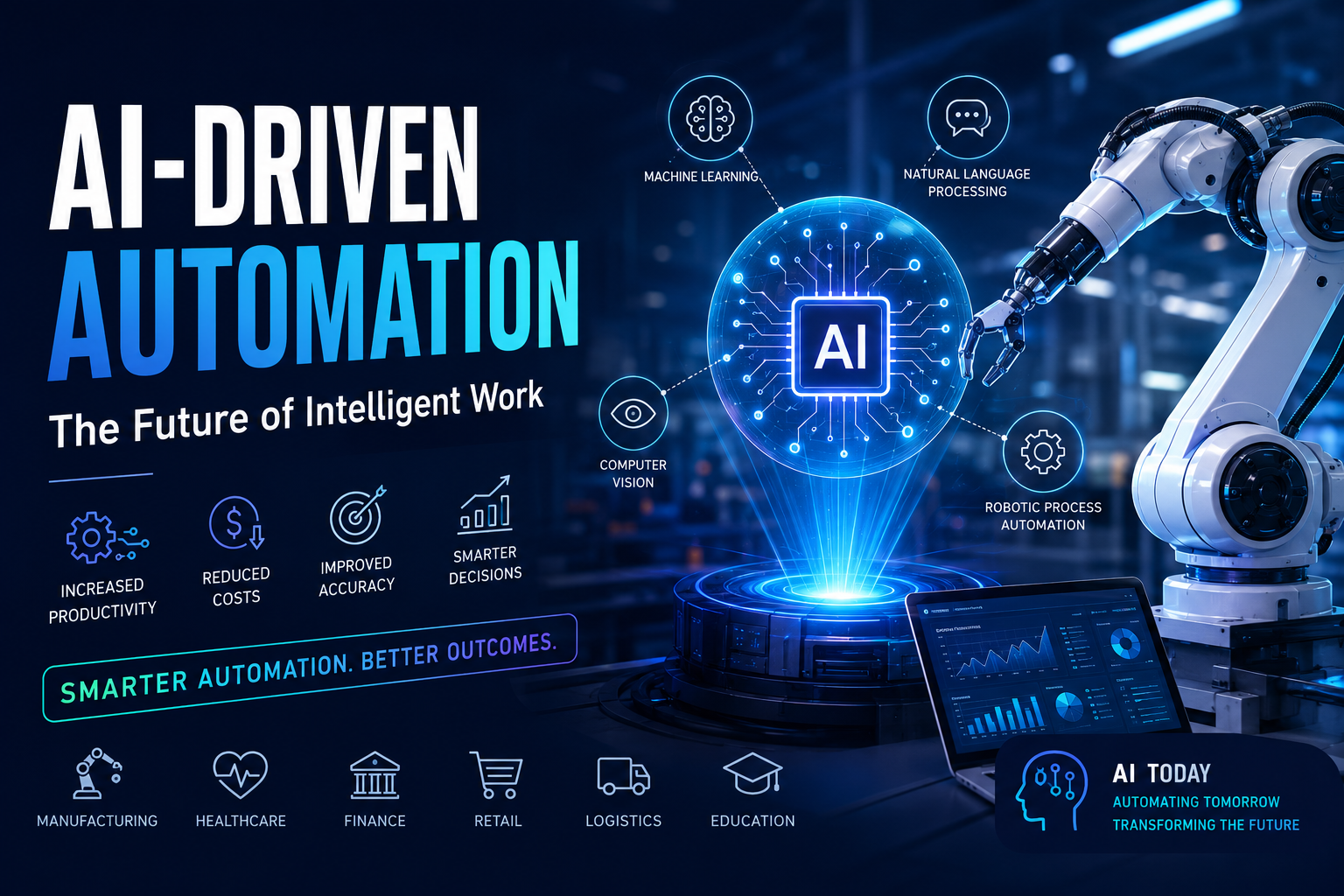 Futuristic AI-driven automation illustration with robotic arm, AI processor, machine learning, NLP, computer vision, and intelligent industrial automation.