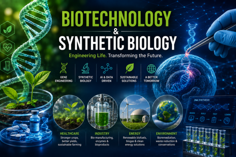 Biotechnology and Synthetic Biology illustration showing DNA helix, CRISPR gene editing, laboratory research, bioengineering, artificial cells, and futuristic medical innovations.