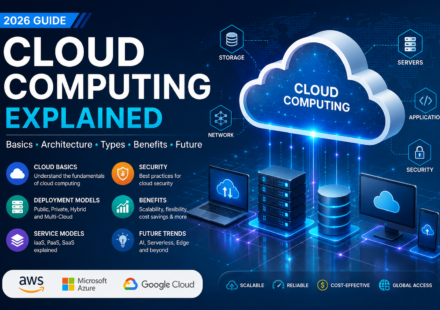 Cloud Computing architecture diagram showing cloud infrastructure, servers, storage, networking, applications, security, and connected devices.