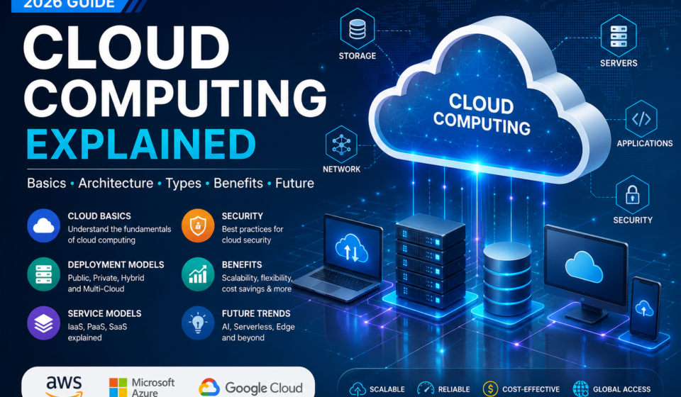 Cloud Computing architecture diagram showing cloud infrastructure, servers, storage, networking, applications, security, and connected devices.