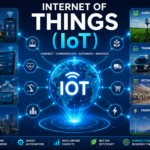 Internet of Things (IoT) illustration showing connected smart devices, cloud computing, sensors, AI, and real-time data communication across homes, industries, healthcare, and smart cities.