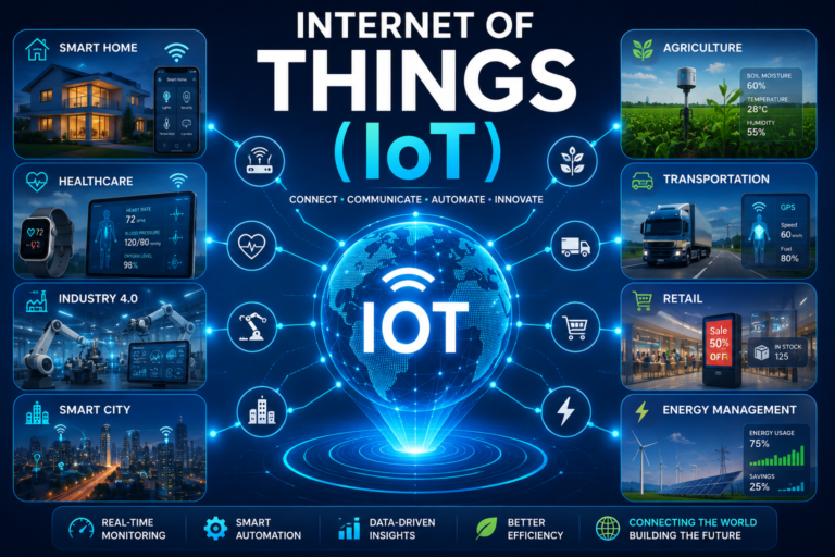 Internet of Things (IoT) illustration showing connected smart devices, cloud computing, sensors, AI, and real-time data communication across homes, industries, healthcare, and smart cities.