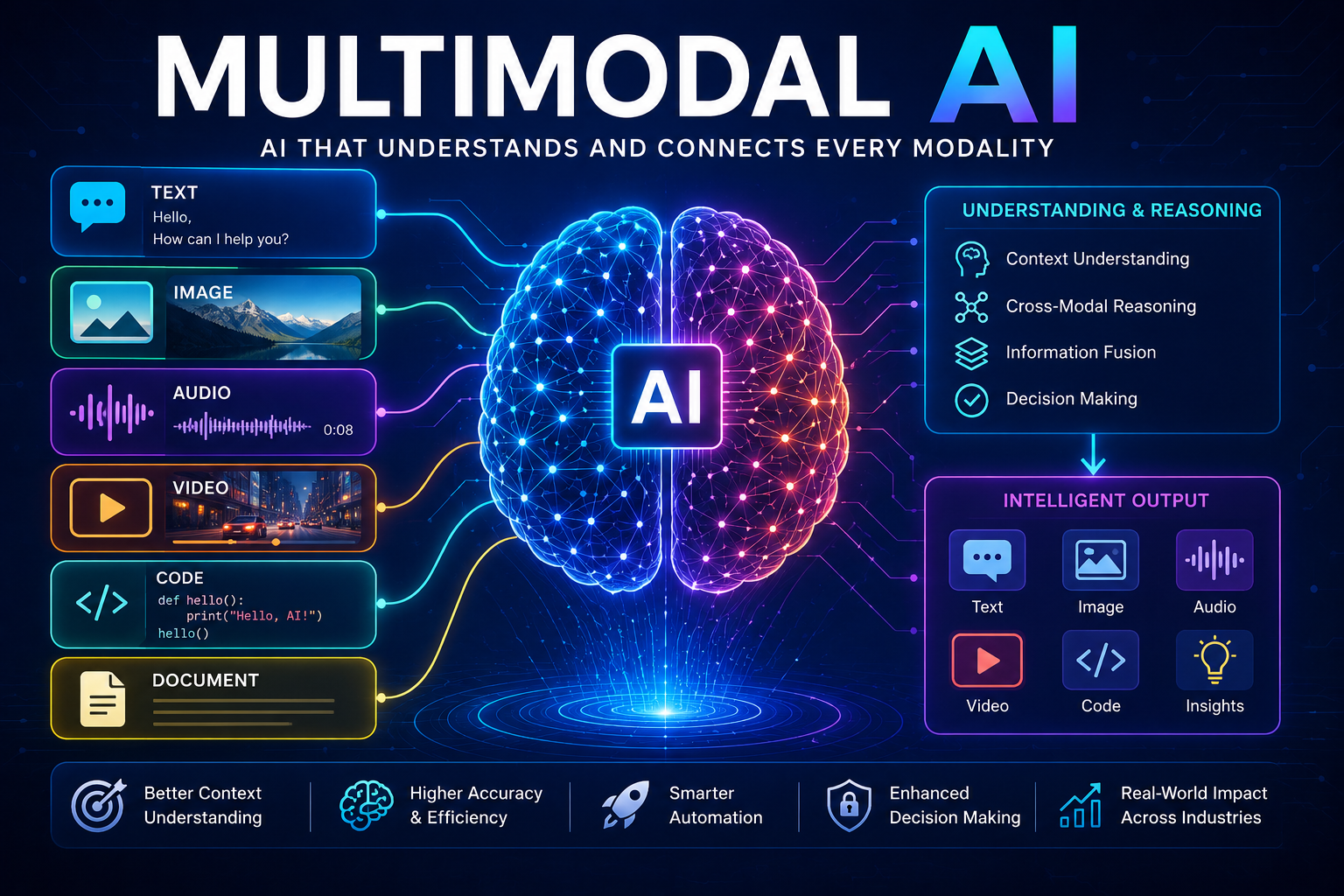 Multimodal AI illustration showing artificial intelligence processing text, images, audio, video, documents, and code using advanced neural networks and transformer technology.