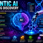 Futuristic illustration of Agentic AI in drug discovery showing autonomous AI analyzing biomedical data, designing drug molecules, robotic laboratory automation, DNA structure, molecular models, and AI-powered pharmaceutical research workflow.