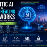 Futuristic illustration of Agentic AI and Self-Healing Networks showing an AI agent autonomously monitoring, analyzing, and optimizing 5G/6G telecommunications infrastructure, cloud computing, edge AI, and intelligent network operations. Agentic AI & Self-Healing Networks