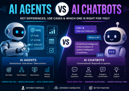 AI Agents vs AI Chatbots comparison showing autonomous AI agents and conversational AI chatbots with their key differences, features, use cases, and capabilities.
