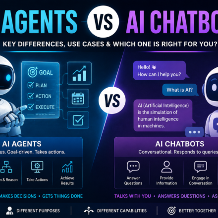 AI Agents vs AI Chatbots comparison showing autonomous AI agents and conversational AI chatbots with their key differences, features, use cases, and capabilities.