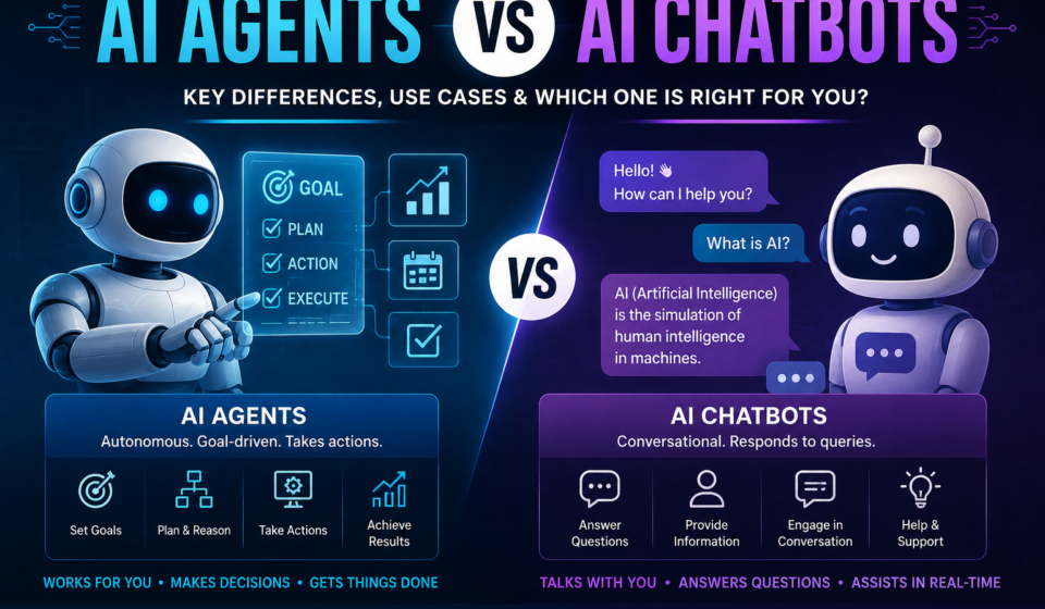 AI Agents vs AI Chatbots comparison showing autonomous AI agents and conversational AI chatbots with their key differences, features, use cases, and capabilities.