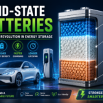 Illustration of a solid-state battery showing solid electrolyte, lithium-metal anode, cathode, and energy flow for electric vehicles.