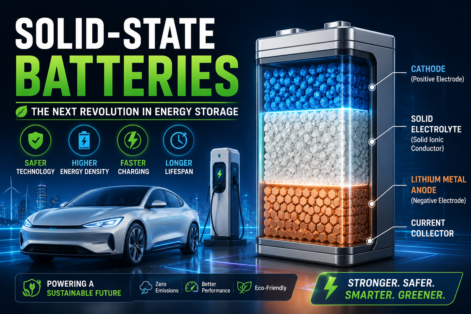 Illustration of a solid-state battery showing solid electrolyte, lithium-metal anode, cathode, and energy flow for electric vehicles.