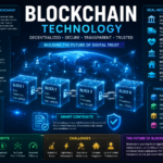 Blockchain technology illustration showing decentralized digital ledger, connected blocks, smart contracts, cryptocurrency, secure transactions, and distributed network nodes.
