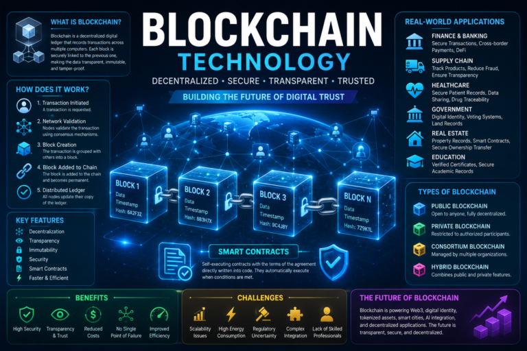 Blockchain technology illustration showing decentralized digital ledger, connected blocks, smart contracts, cryptocurrency, secure transactions, and distributed network nodes.