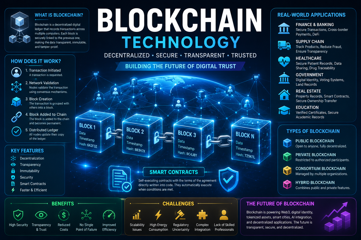 Blockchain technology illustration showing decentralized digital ledger, connected blocks, smart contracts, cryptocurrency, secure transactions, and distributed network nodes.