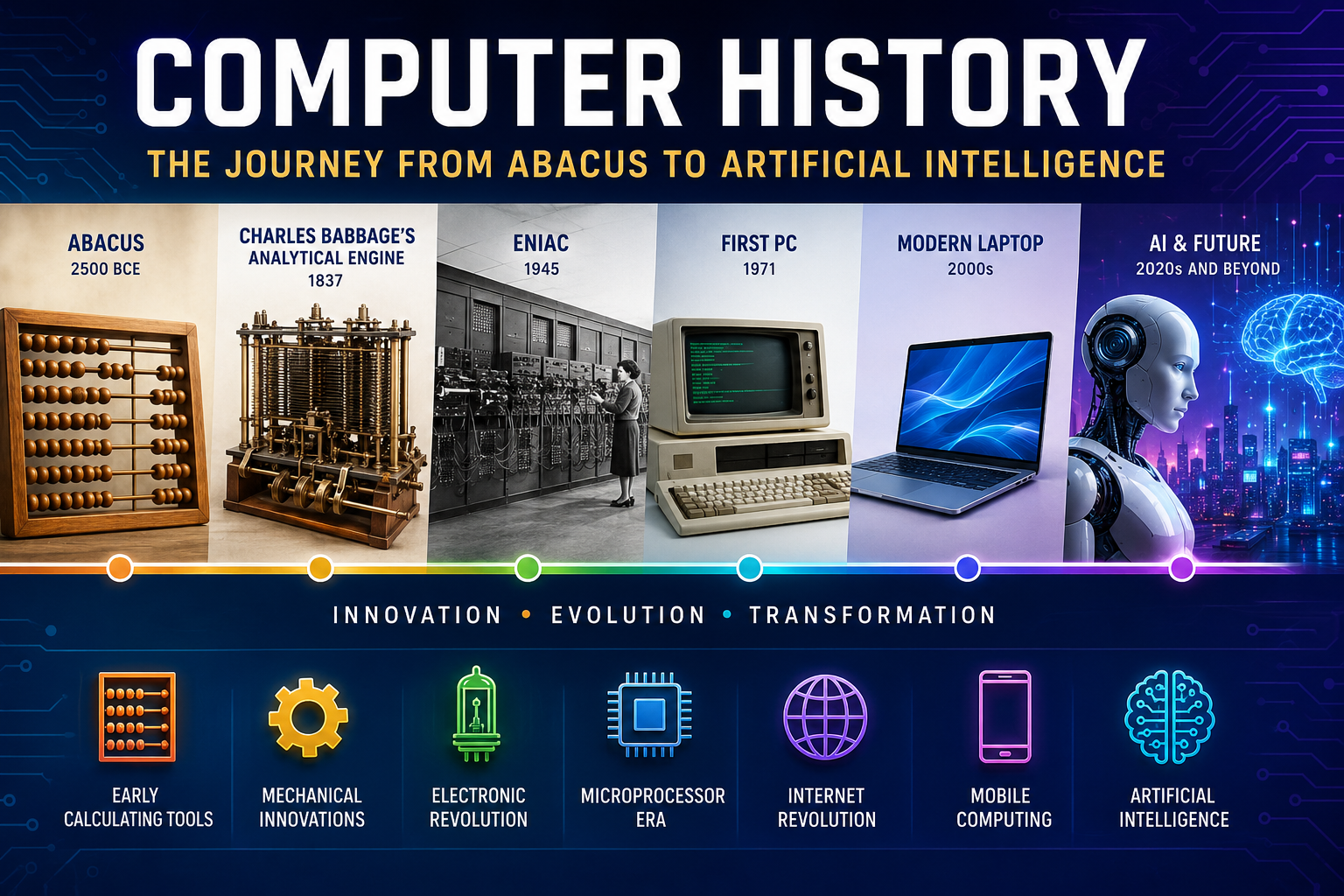 Illustration showing the complete history of computers from the ancient Abacus and Charles Babbage's Analytical Engine to ENIAC, personal computers, laptops, smartphones, cloud computing, and modern Artificial Intelligence.