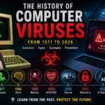 Feature image illustrating the complete history of computer viruses from 1971 to 2026, including Creeper, Brain, Melissa, ILOVEYOU, Stuxnet, WannaCry, AI-powered malware, cybersecurity evolution, and virus timeline.