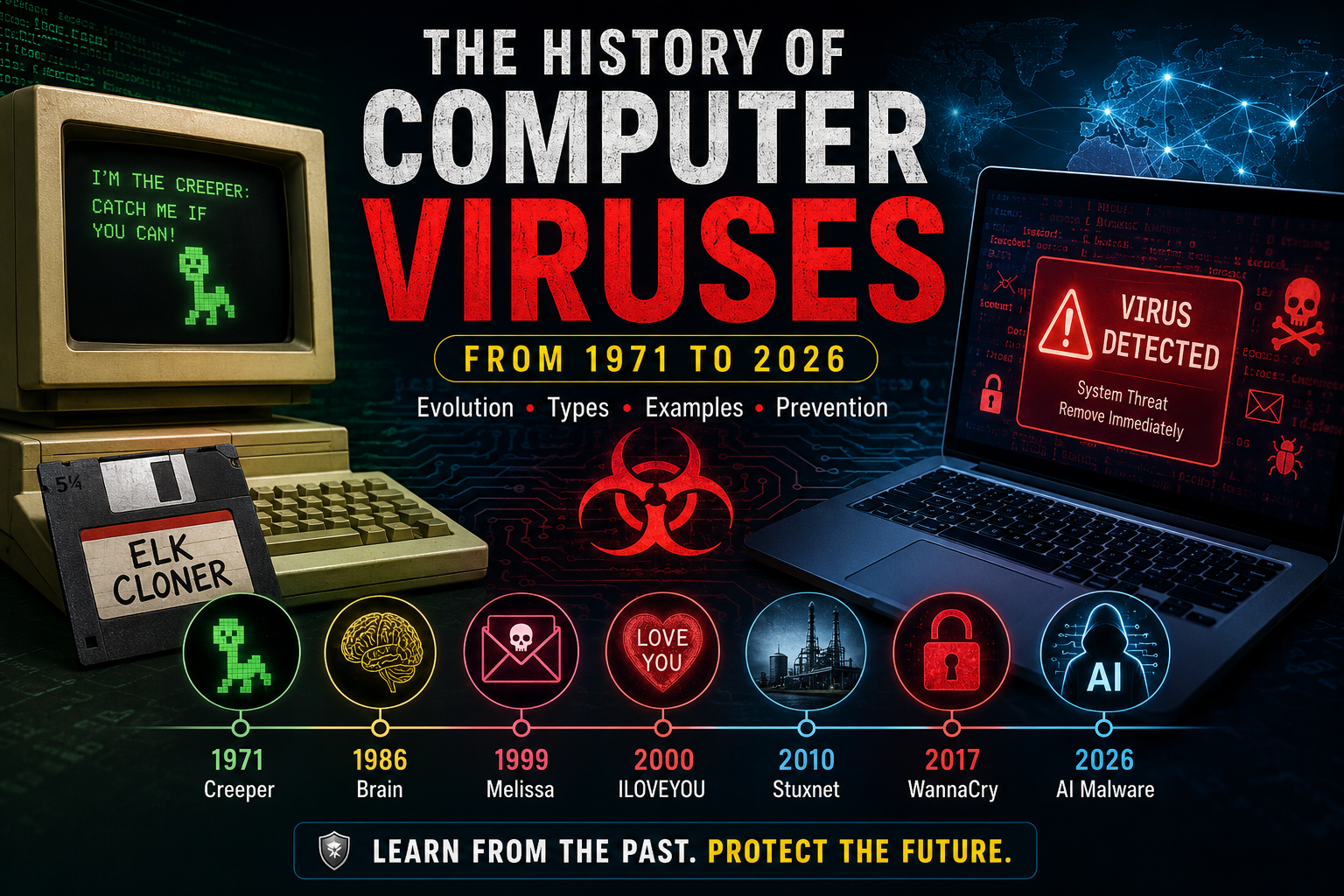 Feature image illustrating the complete history of computer viruses from 1971 to 2026, including Creeper, Brain, Melissa, ILOVEYOU, Stuxnet, WannaCry, AI-powered malware, cybersecurity evolution, and virus timeline.