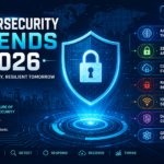 Cybersecurity Trends 2026 featuring AI-powered threat detection, Zero Trust architecture, cloud security, ransomware protection, IoT security, data privacy, and quantum-safe cryptography.