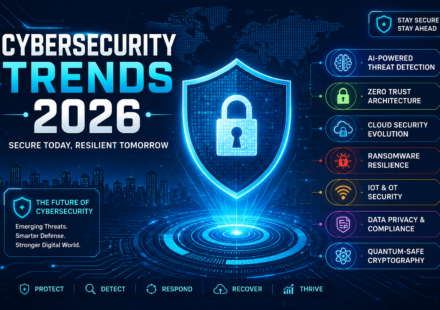 Cybersecurity Trends 2026 featuring AI-powered threat detection, Zero Trust architecture, cloud security, ransomware protection, IoT security, data privacy, and quantum-safe cryptography.