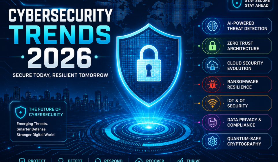 Cybersecurity Trends 2026 featuring AI-powered threat detection, Zero Trust architecture, cloud security, ransomware protection, IoT security, data privacy, and quantum-safe cryptography.