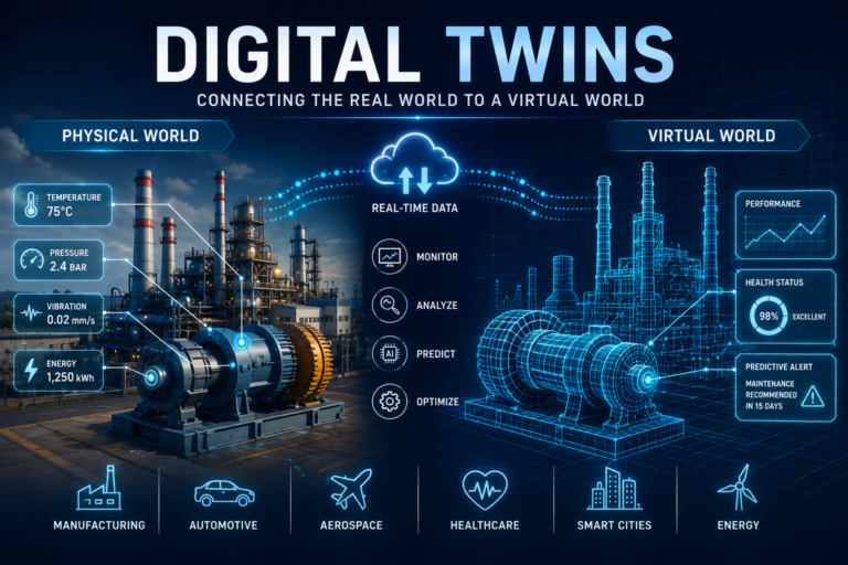 Digital Twins technology illustration showing a virtual 3D replica of a smart factory connected to real-world sensors using AI, IoT, cloud computing, and real-time data analytics.