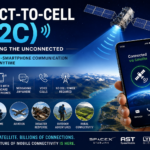 Illustration of Direct-to-Cell (D2C) technology showing Low Earth Orbit satellites connecting directly to smartphones for global mobile communication without cellular towers
