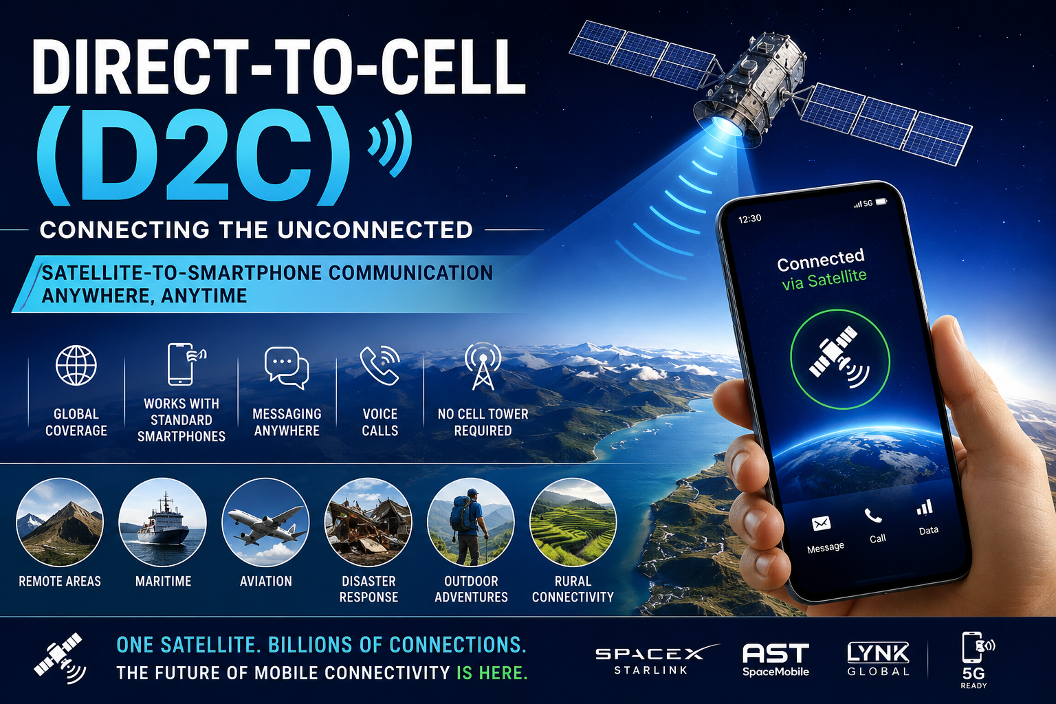 Illustration of Direct-to-Cell (D2C) technology showing Low Earth Orbit satellites connecting directly to smartphones for global mobile communication without cellular towers