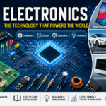Modern electronics feature image showing a microchip, PCB circuit board, resistors, capacitors, transistors, electric vehicle, robotics, smartphone, satellite communication, medical electronics, and smart home technology.