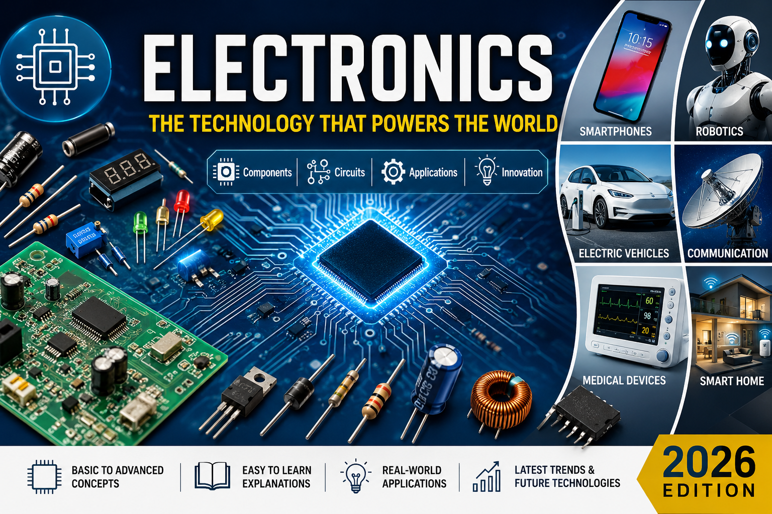 Modern electronics feature image showing a microchip, PCB circuit board, resistors, capacitors, transistors, electric vehicle, robotics, smartphone, satellite communication, medical electronics, and smart home technology.