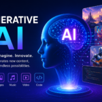 Futuristic illustration of Generative AI creating text, images, code, music, and videos using artificial intelligence with neural networks, machine learning, and digital technology.