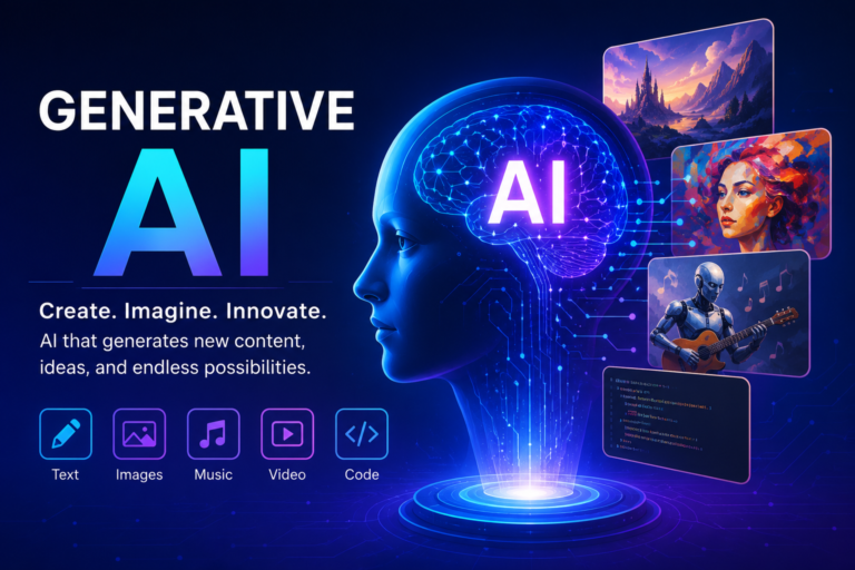 Futuristic illustration of Generative AI creating text, images, code, music, and videos using artificial intelligence with neural networks, machine learning, and digital technology.