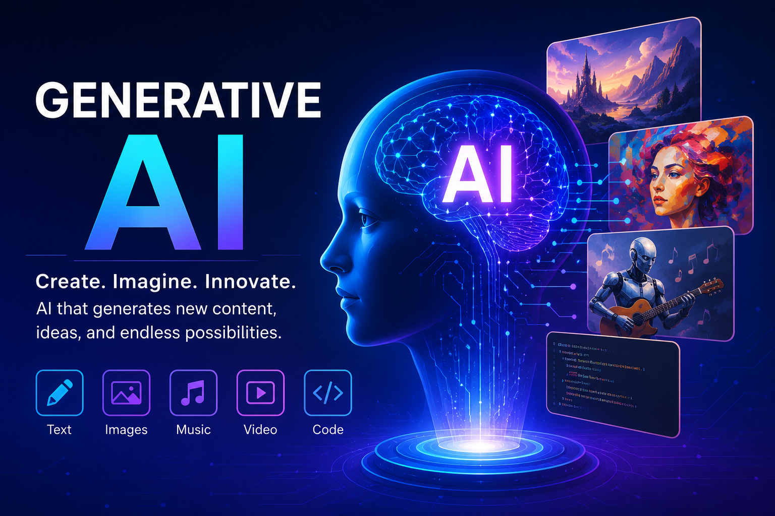 Futuristic illustration of Generative AI creating text, images, code, music, and videos using artificial intelligence with neural networks, machine learning, and digital technology.