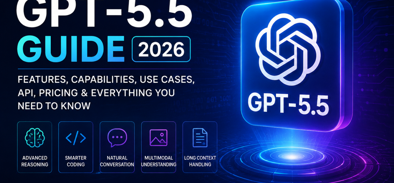 GPT-5.5 guide illustration showing AI features, advanced reasoning, coding assistance, multimodal capabilities, long context handling, and practical use cases in 2026.