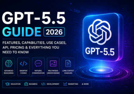 GPT-5.5 guide illustration showing AI features, advanced reasoning, coding assistance, multimodal capabilities, long context handling, and practical use cases in 2026.