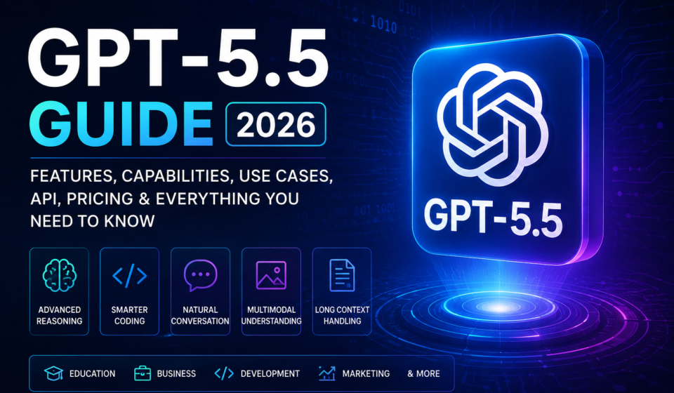 GPT-5.5 guide illustration showing AI features, advanced reasoning, coding assistance, multimodal capabilities, long context handling, and practical use cases in 2026.