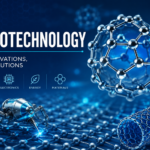 Nanotechnology concept showing nanoparticles, molecular structures, and futuristic scientific innovation.