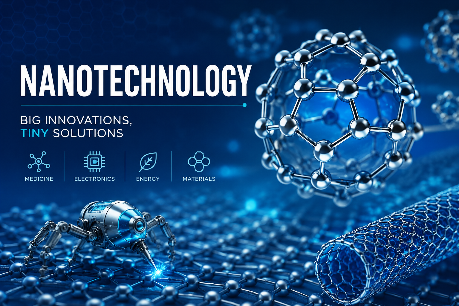 Nanotechnology concept showing nanoparticles, molecular structures, and futuristic scientific innovation.