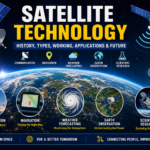 Illustration of artificial satellites orbiting Earth for communication, GPS navigation, weather forecasting, Earth observation, scientific research, and space technology.