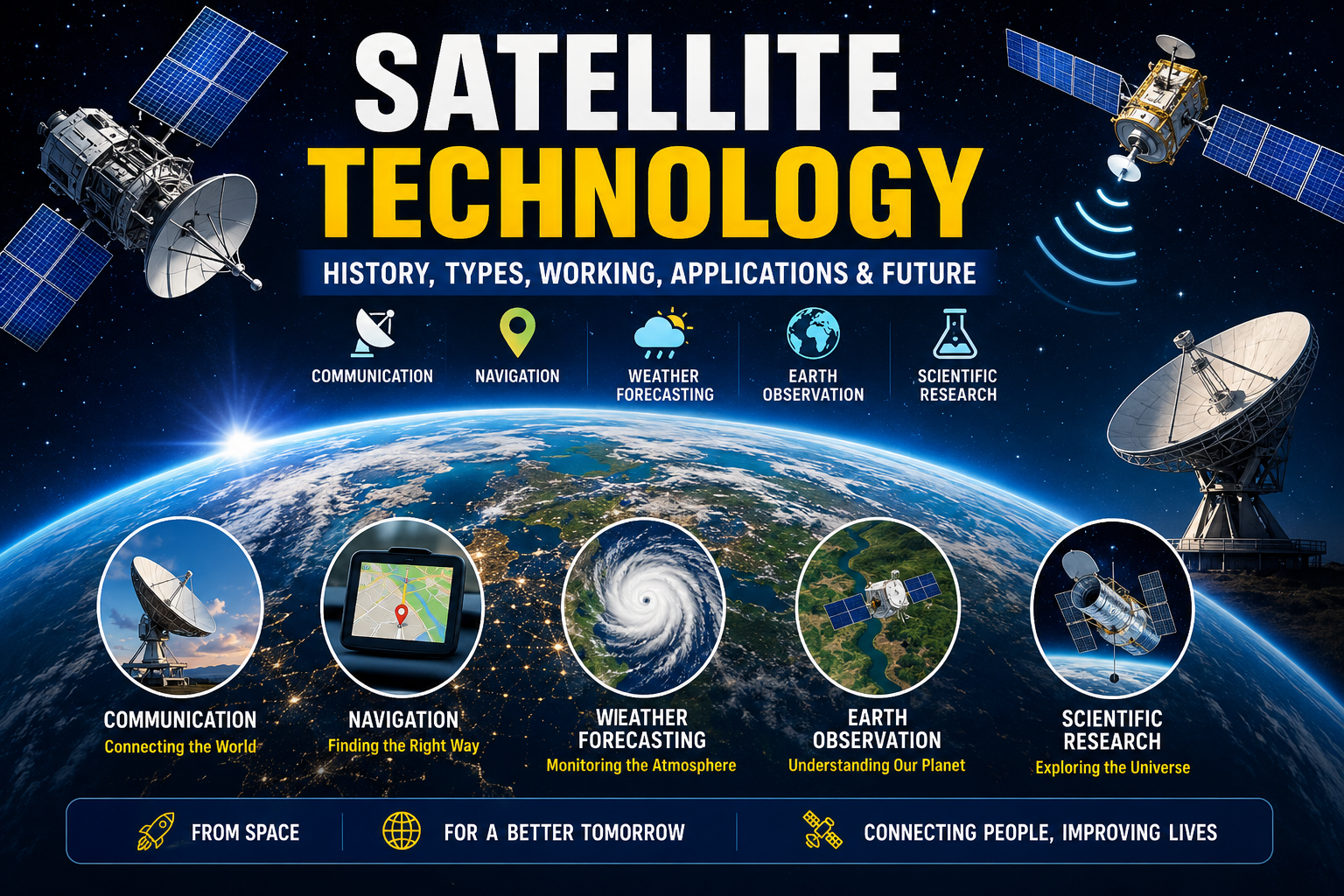 Illustration of artificial satellites orbiting Earth for communication, GPS navigation, weather forecasting, Earth observation, scientific research, and space technology.