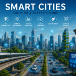 Futuristic smart city featuring AI, IoT connectivity, smart transportation, renewable energy, cloud computing, and intelligent urban infrastructure.