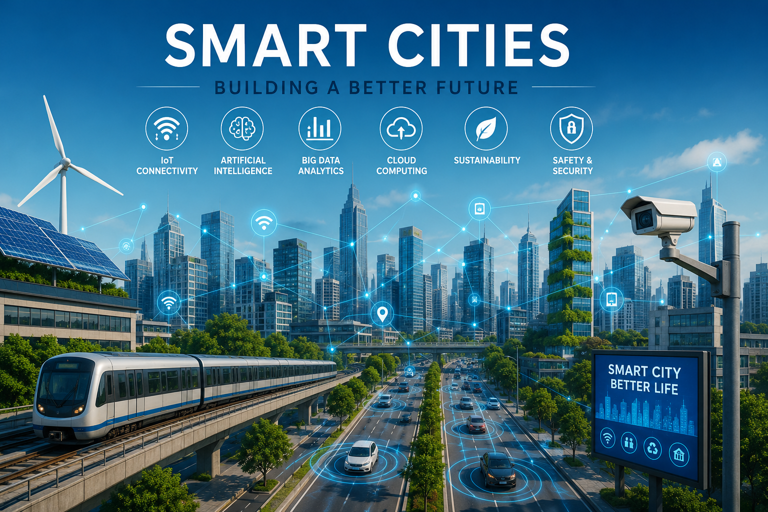 Futuristic smart city featuring AI, IoT connectivity, smart transportation, renewable energy, cloud computing, and intelligent urban infrastructure.