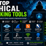 Infographic showing the top ethical hacking tools in 2026, including Kali Linux, Nmap, Wireshark, Burp Suite, OWASP ZAP, Metasploit Framework, SQLMap, John the Ripper, Aircrack-ng, and Nikto for cybersecurity and penetration testing.