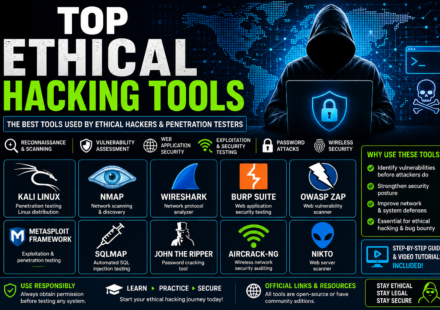 Infographic showing the top ethical hacking tools in 2026, including Kali Linux, Nmap, Wireshark, Burp Suite, OWASP ZAP, Metasploit Framework, SQLMap, John the Ripper, Aircrack-ng, and Nikto for cybersecurity and penetration testing.