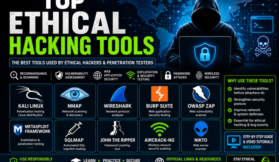 Infographic showing the top ethical hacking tools in 2026, including Kali Linux, Nmap, Wireshark, Burp Suite, OWASP ZAP, Metasploit Framework, SQLMap, John the Ripper, Aircrack-ng, and Nikto for cybersecurity and penetration testing.