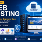 Professional web hosting illustration showing cloud servers, website hosting infrastructure, security, cloud hosting, VPS hosting, and WordPress hosting.
