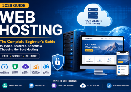 Professional web hosting illustration showing cloud servers, website hosting infrastructure, security, cloud hosting, VPS hosting, and WordPress hosting.